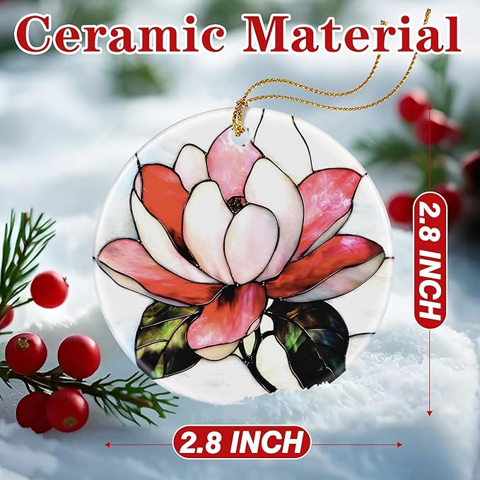 Magnolia Flower Ornament – Christmas Decoration & Christmas Ornament; Round Ceramic (Holiday Present, Bauble Present, Gift Idea, and Gift Exchange) | Heirloom Keepsake