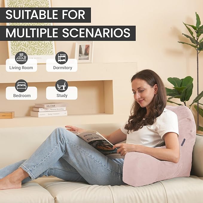 Portable Comfy Reading Pillows for Bed Sitting Up(Pink Oeko-Tex), Velvet Back Pillow with Arms & Pockets for Adults, Support Memory Foam Bed Pillow for Dorm/Reading/Watching/Gaming