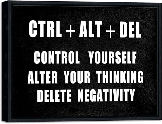 Pyradecor Black Framed Canvas Wall Art Motivational CTRL+ALT+DEL Classroom Positive Quotes Inspirational Poster Canvas Prints for Office Home Decorations