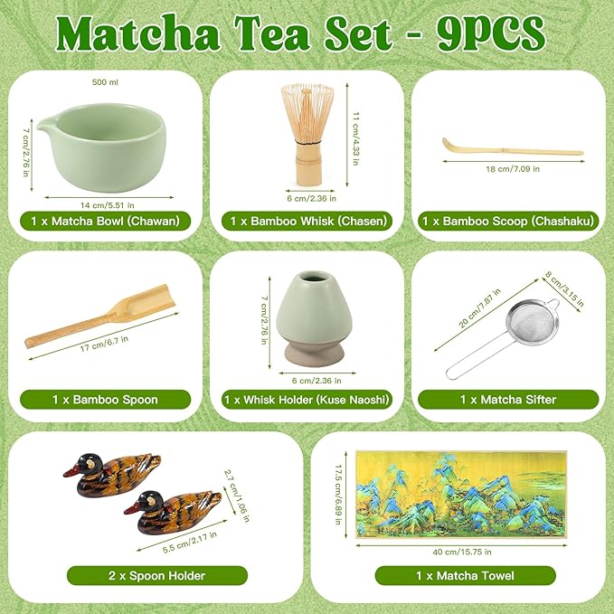 Matcha Whisk Set, 9PCS Ceramic Matcha Tea Set Includes Bowl, Whisk and Holder, Bamboo Scoop, Scoop Rest, Sifter and Tea Towel for Traditional Matcha Ceremony Matcha Lovers