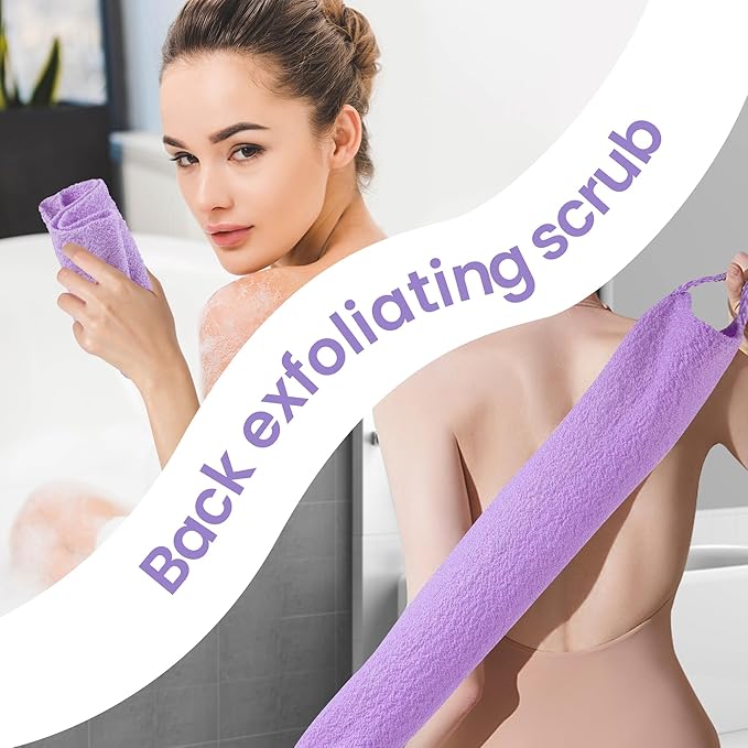 3 Pcs Double-Sided Back Exfoliator Body Scrub Towel, Exfoliating Back Scrubber with Handles,Exfoliating Washcloth Bath Tool in Shower, Stretchable Back Washer to Deep Cleans Skin (Purple)