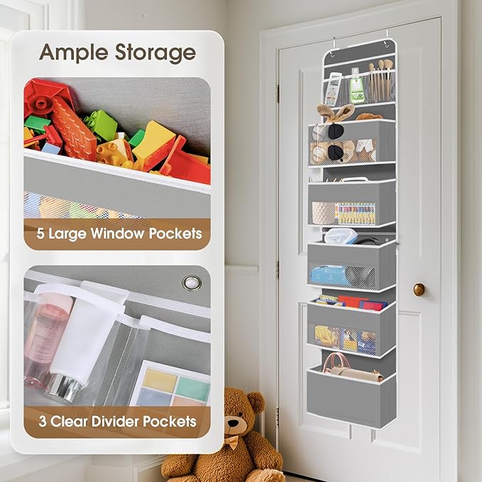 6-Tier Over The Door Organizer, Hanging Storage Organizer with Clear Window, 40lb Ultra Sturdy Large Capacity Room Organizer for Pantry Bathroom Nursery Closet Baby Essential (Grey)