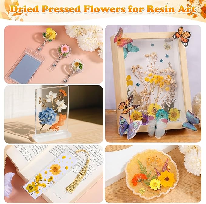 361 Pcs Pressed Dried Flowers with Butterfly Stickers for Crafts, Real Pressed Wildflowers Dry Leaves Bulk with Tweezer for Resin Jewelry Molds, Candle Soap Making, Scrapbook, Bookmark, Nails Decor
