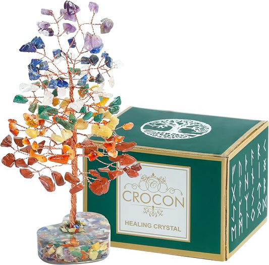 Crocon Crystal Heart Base Tree Good Luck Birthday Gifts for Womens, Mom, 7 Chakra Healing Stones & Crystals Tree of Life for Positive Energy Feng Shui Décor Home and Office Desk Decor Present for her