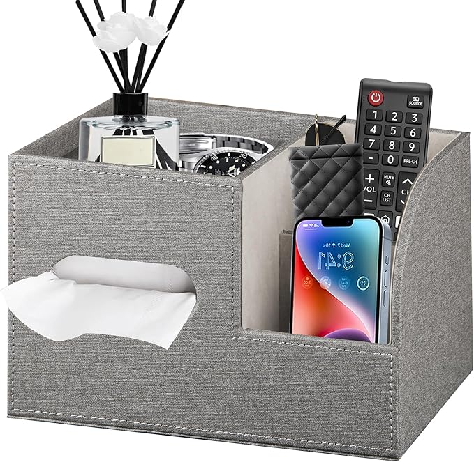 Leather Square Tissue Box Cover with Storage Tray,Cube Tissue Box Holder,Modern Facial Paper Organizer with Remote Control Holder for Bathroom,Vanity Countertop,End Table NightStand Home Office.Grey