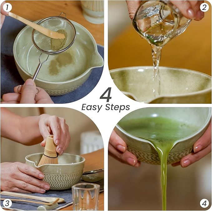 10 Pcs Matcha Whisk Set - 15 OZ Matcha Bowl with Spout and Whisk Holder & Measuring Cup - Bamboo Matcha Scoop and Spoon - Stainless Steel Sifter - Cleaning Brush - Matcha Kit for Japanese Tea Ceremony