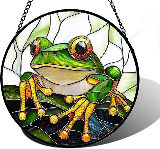 Stained Glass Window Hanging, Green Frog White Petals Sun Catchers Colorful Glass Panel Cute Suncatcher Decor for Birthday for Women, Men, Wife, Aunt, and Mom 7.8 in