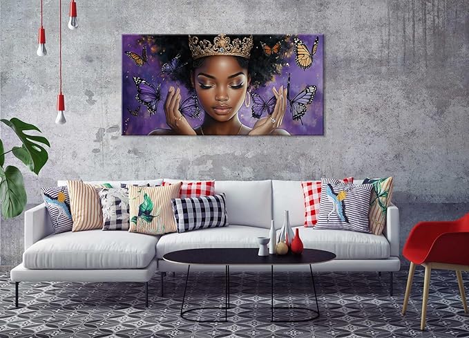 ZESTRILIA African American Wall Art for Girls Room Purple Black Butterfly Canvas Painting Prints Artwork Living Bedroom Office Decor Extra Large (58x28 Inches)