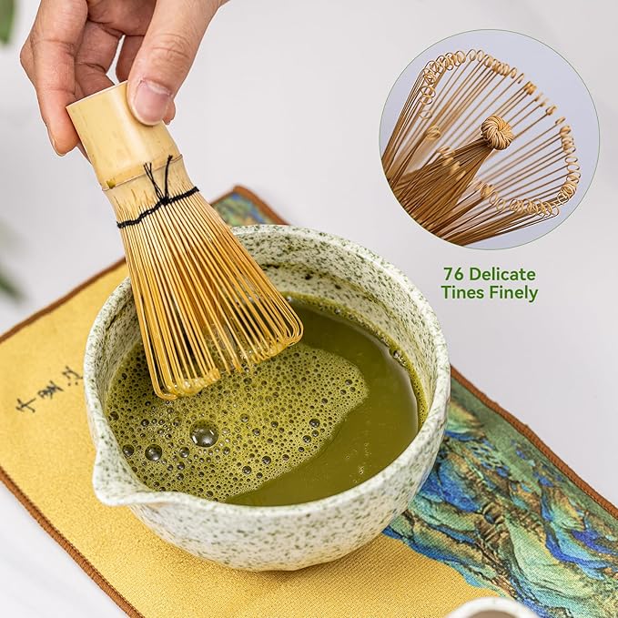 Matcha Whisk Set, Green Speckled Ceramic Matcha Bowl with Spout, Bamboo Whisk & Holder – 8-Piece Making Kit for Home, Yoga & Gifts – Matcha Lovers & Japanese Tea Culture