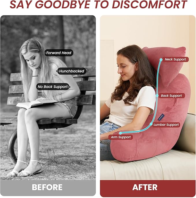 Portable Reading Pillows with Headrest for Bed Sitting Up(Dark Pink Oeko-Tex), Velvet Back Pillow with Arms & Pockets for Adults, Support Memory Foam Bed Pillow for Dorm/Watching/Gaming