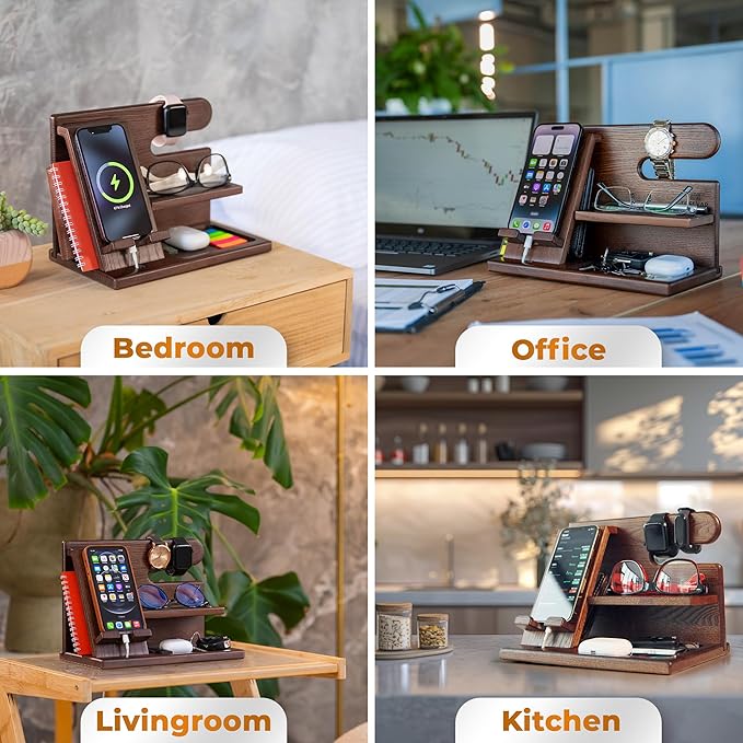 TESLYAR Wood Phone Docking Station for Men - Desktop or Nightstand Organizer - Birthday Gifts for Men, Dad - Anniversary Idea from Wife - Key Holder, Stand Wallet, Watch & Essentials (Chestnut)
