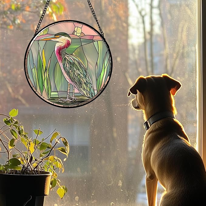 Stained Glass Window Hanging 4 Pcs Set Cute Animal Large 11.8"- Green Plant Pink Suncatcher Door Garden Sun Catcher Decor Birthday Christmas for Mom Woman Nana Men Friend