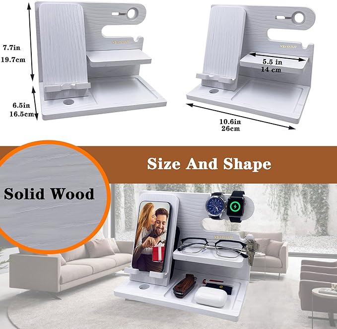 Gifts for Women Girlfriend Men Him Husband Boyfriend Son Boss Wood Phone Docking Station Nightstand Organizer Anniversary Birthday Gifts (White)