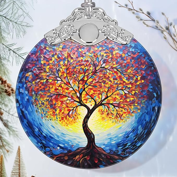 Stained Glass Suncatcher Ornament - Tree of Life Christmas Decorations - Christmas Ornaments for Tree - Holiday Present Ideas - Gift Exchange