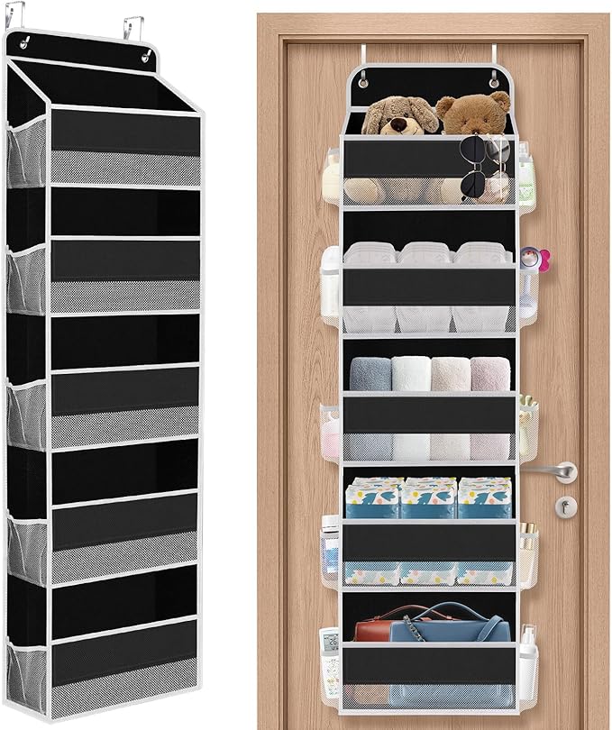1 Pack Over The Door Organizer, Hanging Storage Organizer with Clear Window, 40lb Ultra Sturdy Large Capacity Room Organizer for Pantry Laundry Bathroom Nursery Closet (Black)