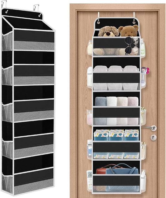 1 Pack Over The Door Organizer, Hanging Storage Organizer with Clear Window, 40lb Ultra Sturdy Large Capacity Room Organizer for Pantry Laundry Bathroom Nursery Closet (Black)