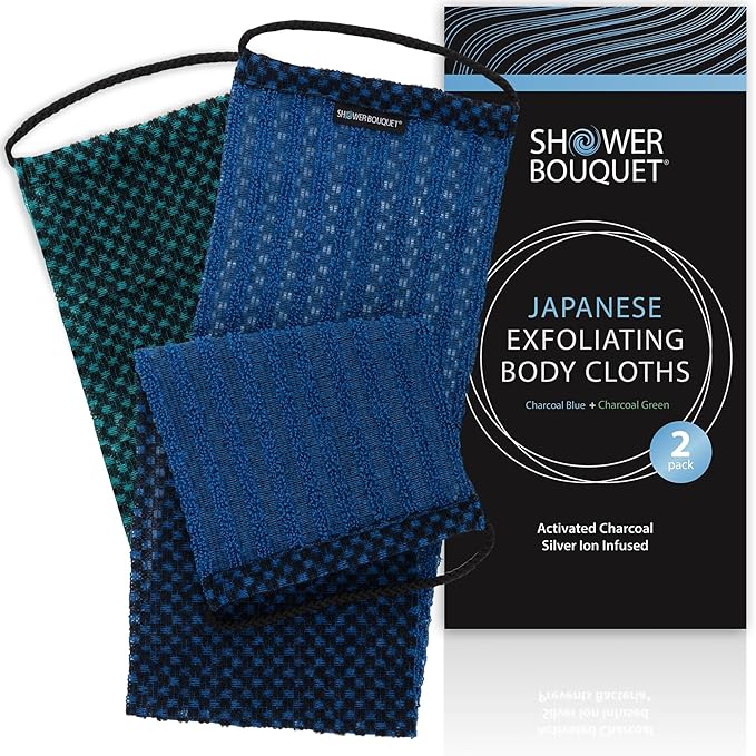 Japanese Exfoliating Washcloth for Back & Body 2-Pack - Charcoal & Silver Ion Exfoliating Towel with Handles - Two-Sided Gentle Exfoliation & Deep Cleanse Body Wash Cloths for Shower - 1 Blue, 1 Green