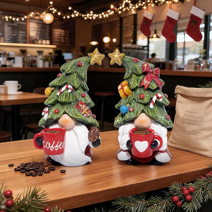 Hodao Christmas Elf Figurines with Tree Hats, Coffee Cup Elves Holiday Table Decorations, Cozy Festive Home Decor Accents for Living Room, Fireplace Mantel, Dining Table (Red)