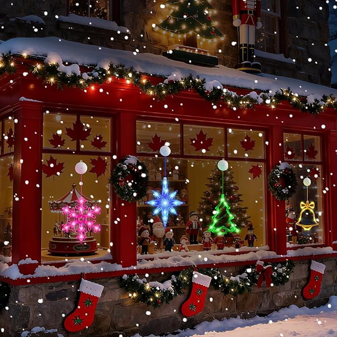 4Pack Christmas Window Lights Decorations with Timer,Battery Powered Christmas Hanging Multicolor Lighted Snowflake Tree Bells Lucky Star Shaped LED Sucker for Xmas Tree Fireplace Indoor Decor