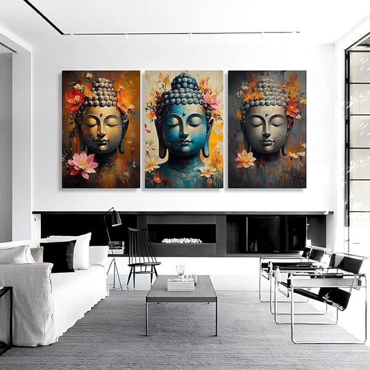 Findbeauty Buddha Canvas Wall Art, Floral Buddha Canvas Print, Zen Meditation Wall Decor, 3 Pcs Buddhist Pictures, Inspirational Wall Decor, Spiritual Wall Art for Living Room (24" x 36" x 3 pcs)