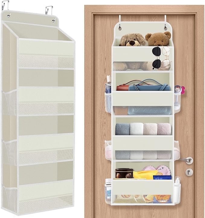 1 Pack Over The Door Organizer, Hanging Storage Organizer with Clear Window, 40lb Ultra Sturdy Large Capacity Room Organizer for Pantry Bathroom Nursery Closet Baby Essential (Beige)