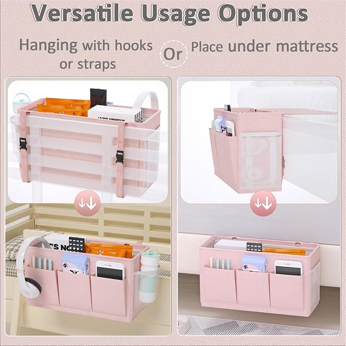 Dual-purpose Bedside Caddy Bedside Organizer, Bed Caddy with 6 Pockets, Versatile Bedside Storage Solution Magazine Remotes holder, ideal for Home, Dorm, Hospital, Crib Bed (Pink)