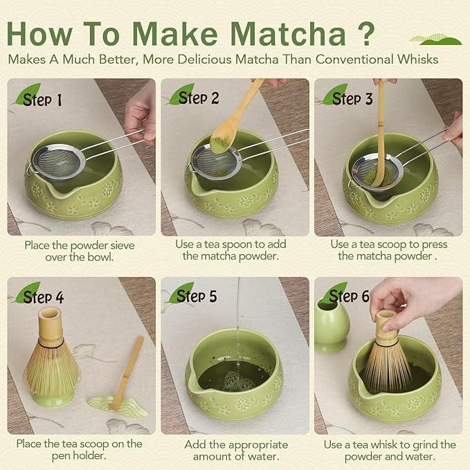 Matcha Whisk Set, Ceramic Bowl with Spout, Bamboo Matcha Whisk & Spoon, Chasen Holder, Scoop Rest, Sifter, 8-Pcs Japanese Matcha Powder Kit–Gift for Ceremony & Matcha Lovers-Matcha Green