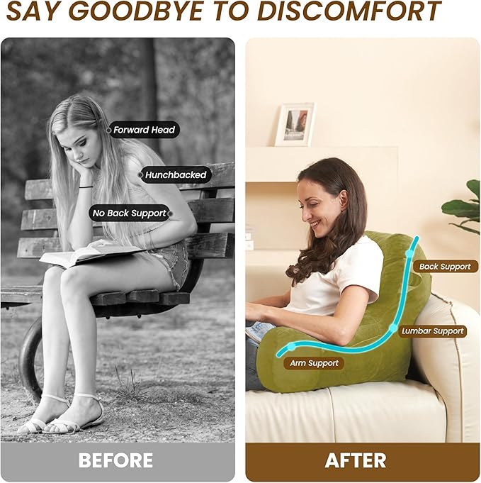 Portable Comfy Reading Pillows for Bed Sitting Up(Pale Green Oeko-Tex), Velvet Back Pillow with Arms & Pockets for Adults, Support Memory Foam Bed Pillow for Dorm/Reading/Watching/Gaming