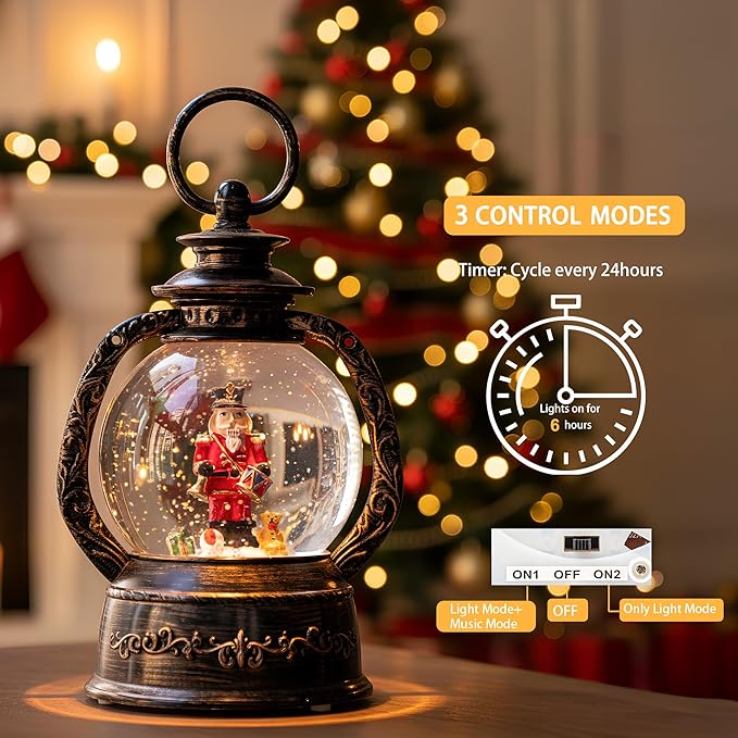 Musical Snow Globe Lantern Lighted Nutcracker Christmas Snow Water Lantern Swirling Glittering Home Decoration and Gift, Battery Operated or USB Powered