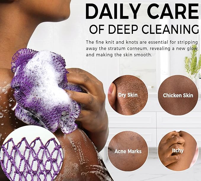 Authentic African Net Sponge with Knots - 2 Pieces Exfoliating Body Sponge Purple & Green - Back Scrubber Shower Exfoliator for Women Personal Care - Shower Scrub for Body Wash Bathing Accessories