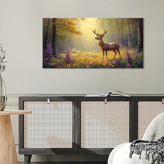 ZESTRILIA Pretty Deer Forest Wall Art for Living Room Office Gold Mustard Yellow Wildlife Wildflower Canvas Painting Prints Spring Wild Life Artwork Girls Bedroom Decor (30x16 Inches)