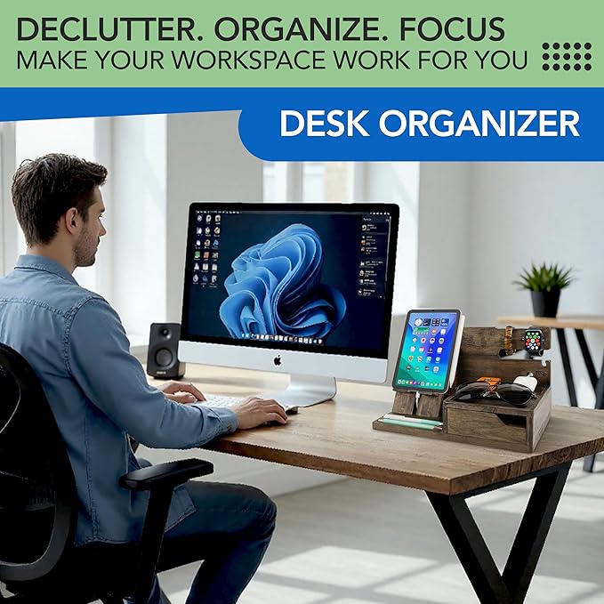 Nightstand Organizer- Bedside Docking Station for Men- Unique Gifts for Husband, Father or Dad from Wife, Son or Daughter- Desk Organizer for Phone, Watches, Wallet & Accessories (Rustic)