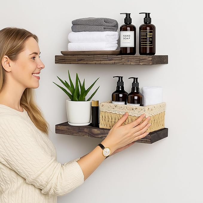 BGMG Wood Floating Shelves for Wall 18 inch, Distressed, Rustic Wooden Wall Mount Shelves for Bathroom Living Room Bedroom Kitchen Farmhouse Set of 2-18x6.7x1.25 inch-Distressed Walnut