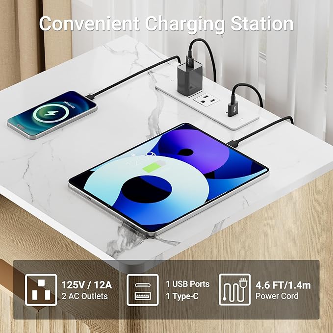 Fluted Nightstand with Charging Station, 18" Modern Night Stand with Faux Marble Top, 2 Drawers End Table with Storage, Bedside Table for Bedroom Living Room, Curved Profile (Natural Oak)