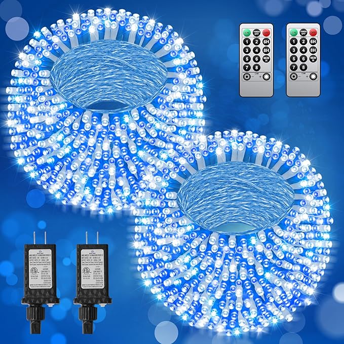 Blue White Christmas Lights Outdoor,Total 710FT 1800 LED,Extra Long String Lights Waterproof, Timer & Memory, 8 Modes Dimmable Plug in Fairy for Outside Tree Wedding Patry