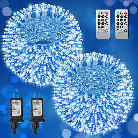 Blue White Christmas Lights Outdoor,Total 710FT 1800 LED,Extra Long String Lights Waterproof, Timer & Memory, 8 Modes Dimmable Plug in Fairy for Outside Tree Wedding Patry