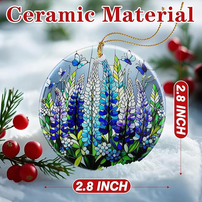 Lupine with Butterfly Ornament Ornament – Christmas Decoration & Christmas Ornament; Round Ceramic (Holiday Present, Bauble Present, Gift Idea, and Gift Exchange) | Heirloom Keepsake