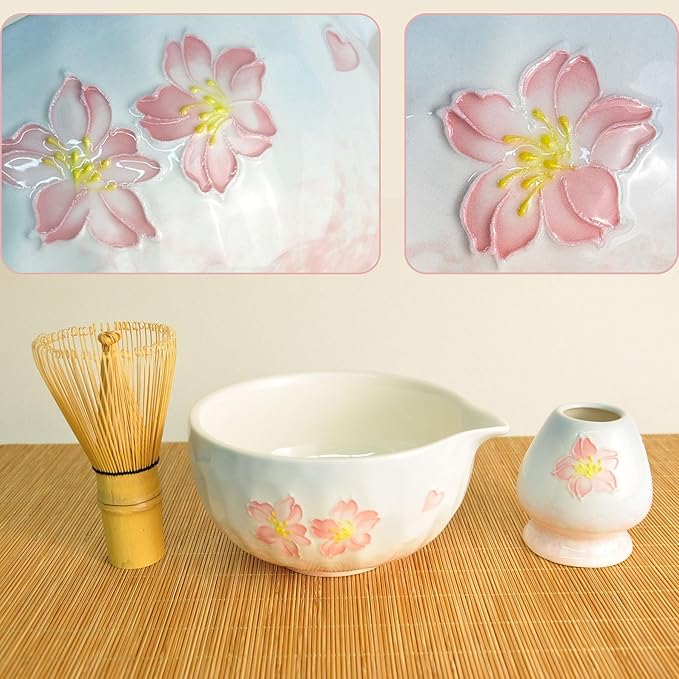 Matcha set with tray 8pcs, Japanese Matcha Kit includes Ceramic Matcha Bowl, Bamboo Matcha Whisk (Chasen), Whisk Holder, Macha Scoop(Chashaku), Bamboo Placemat, Sifter, Tea Cloth Chakin，Blue & Pink