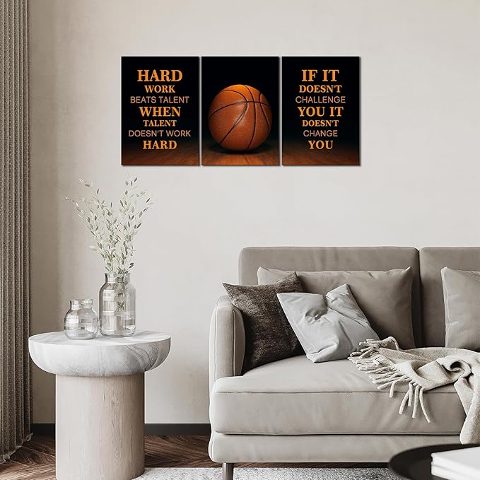 KAWAHONE-3 Pieces Basketball Motivational Work Hard Canvas Wall Art, Inspirational Quotes Pictures Wall Decor, Basketball Sports Poster Black and White Positive Poster Framed Motivation Gift for Entrepreneur Men Women Painting Artwork for Home Office