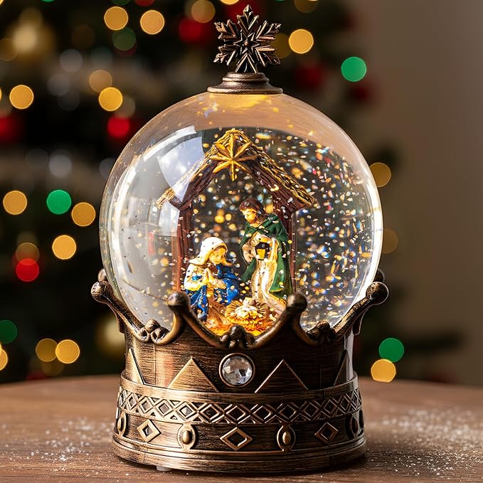 Snow Globe Lighted Christmas Decorations, Nativity Manger Scene Musical Crown Snow Globe Lantern with Swirling Glitter, Christmas Holiday Party Gifts and Decorations