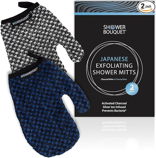 Japanese Exfoliating Mitt 2-Pack - Charcoal & Silver Ion Exfoliating Gloves for Shower - Soft Inner Fabric Gentle Exfoliation & Deep Cleansing Body Scrub Gloves for All Skin Types - 1 White, 1 Blue
