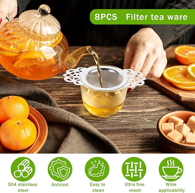 8 Pack Mesh Tea Filter Strainers, Stainless Metal Tea Infuser With Petal Handles and Drip Bowl Tea Steeper for Loose Tea