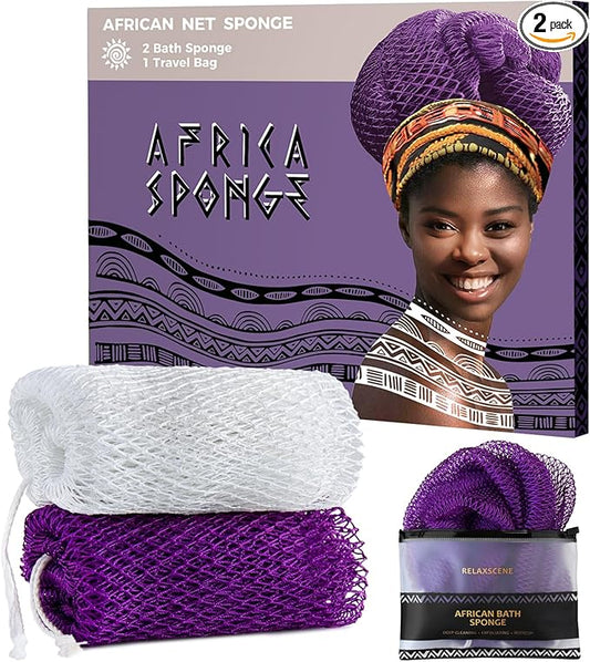 African Net Sponge Authentic - 2 Pieces Exfoliating Body Scrubber Bath Sponge - Back Scrubber Washcloth for Shower White&Purple - Real African Scrub Exfoliator Body Care Bathing Accessorie