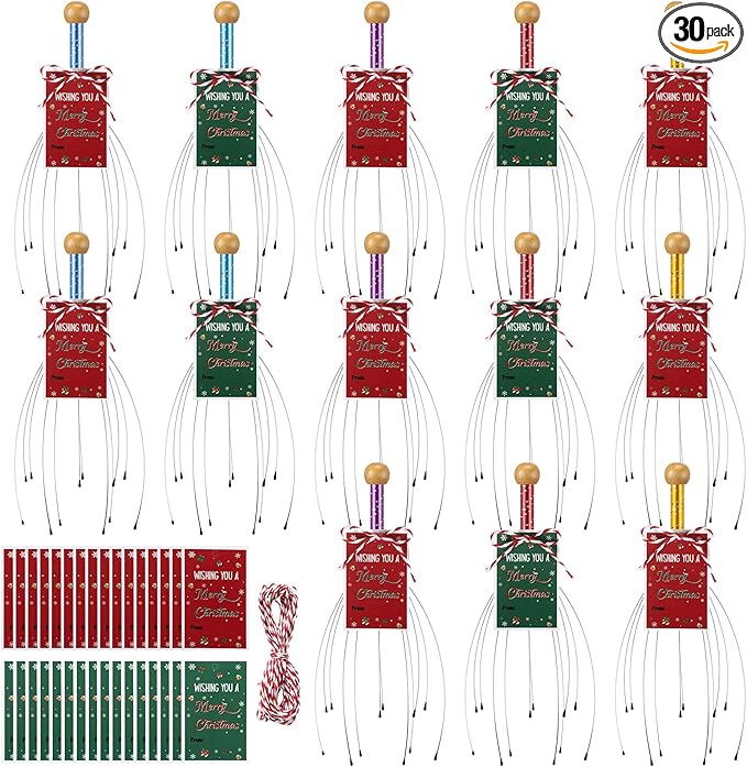 Soaoo 30 Pcs Christmas Head Massager Scalp Massager Bulk with Inspirational Christmas Cards Handheld Steel Wire Head Scratcher for Body Office Home Spa Stress Relief Relaxation Women Men Gift(Cute)