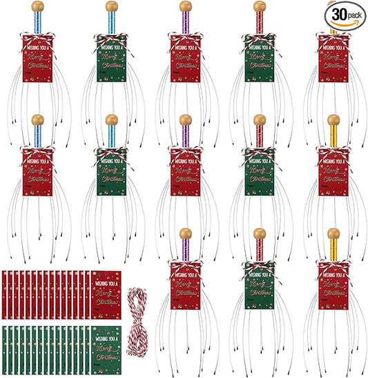 Soaoo 30 Pcs Christmas Head Massager Scalp Massager Bulk with Inspirational Christmas Cards Handheld Steel Wire Head Scratcher for Body Office Home Spa Stress Relief Relaxation Women Men Gift(Cute)