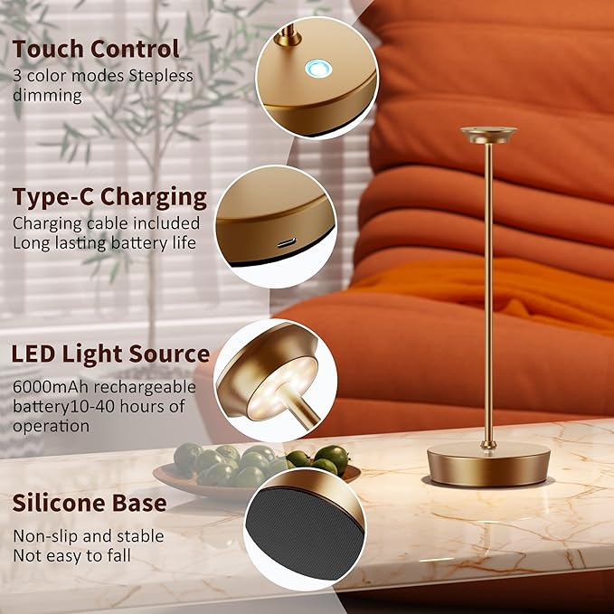 YHT Cordless LED Table Lamp Set of 2, Outdoor Portable LED Table Lamp, Dimming 6000mAh Battery Waterproof Table Light for Restaurant, Patio, Dinner, Bedroom (Titanium)