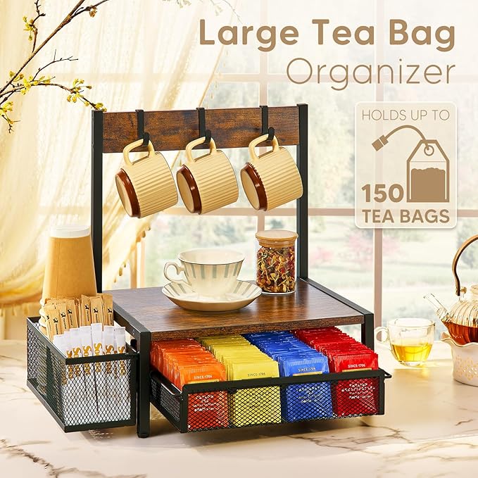 Tea Bag Organizer, Wood Tea Organizer and Storage Cheast, Tea Bag Holder with Storage Drawer, 4 Hooks for Tea Cups Holder, Tea Station Chest Display Container Box for Countertop Kitchen, Brown