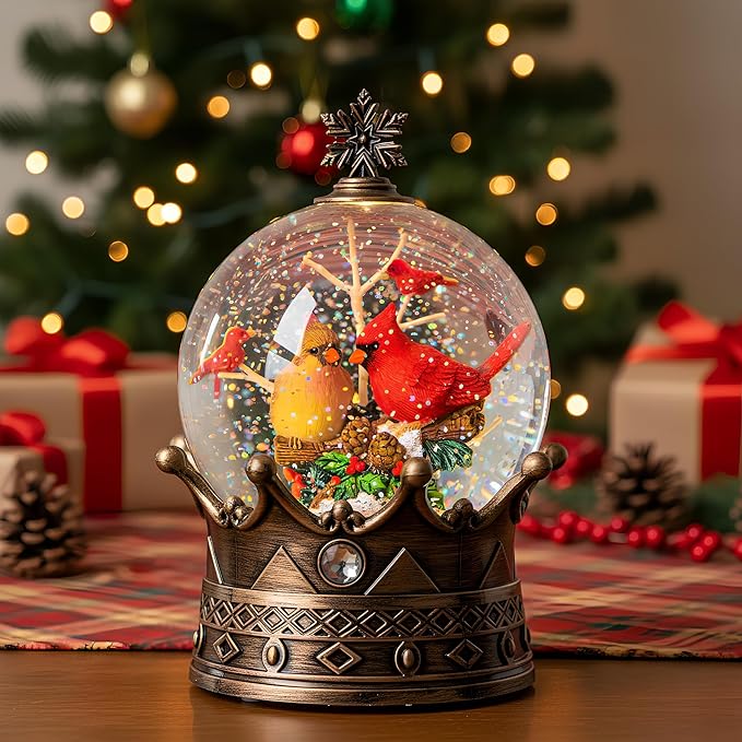 Cardinal Christmas Snow Globe, Lighted 2 Cardinal Musical Water Lantern with Swirling Glitter, Christmas Holiday Party Gifts and Decorations
