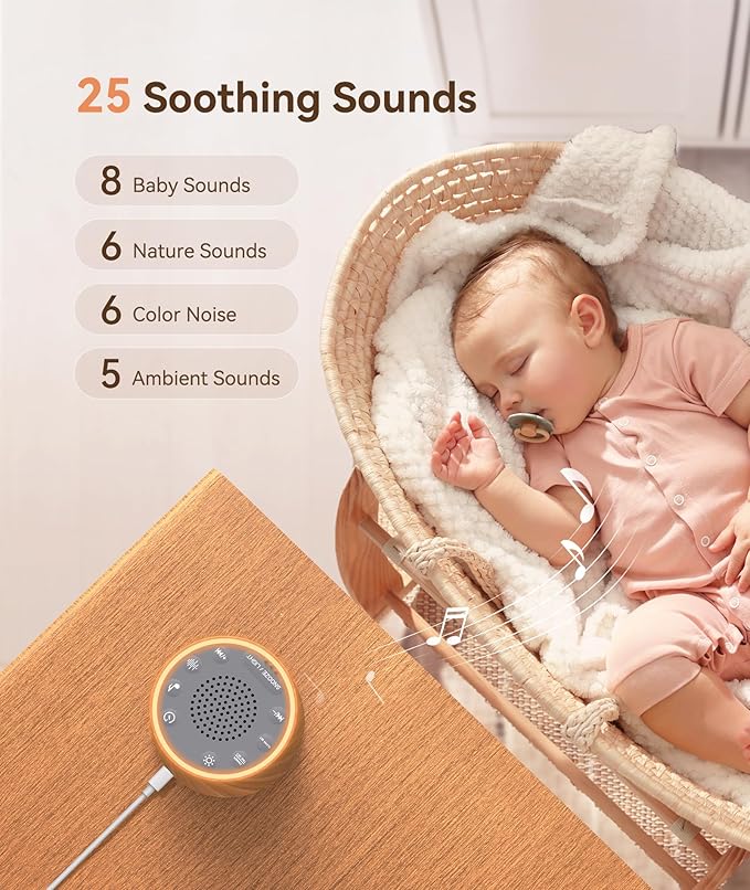 Dreamegg Baby Sound Machine with Nursery Lamp, 25 Soothing Sounds, Alarm Clock, Dimmable Night Light, White Noise Machine for Sleep Sound Machine, Baby Shower Gifts Must Haves, Wood