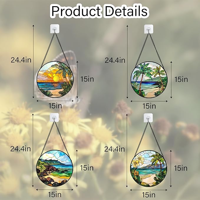 Stained Glass Window Hanging 4 Pcs Set Blue Ocean Coconut Tree Scenery Large 15" - Suncatcher Door Garden Sun Catcher Decor Birthday Christmas for Mom Woman Nana Men